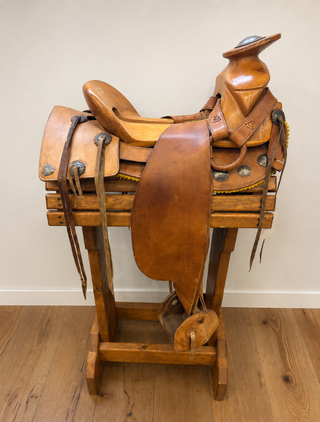 A brown leather western saddle displayed on a wooden stand in an indoor setting with a beige wall and wood floor.