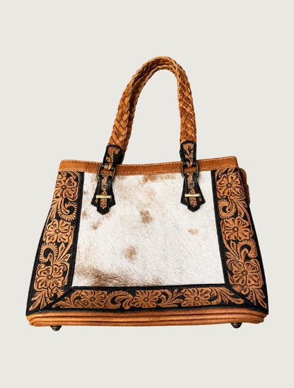 Mavericks Tooled Leather Tote with Cowhide Panel & Braided Handles