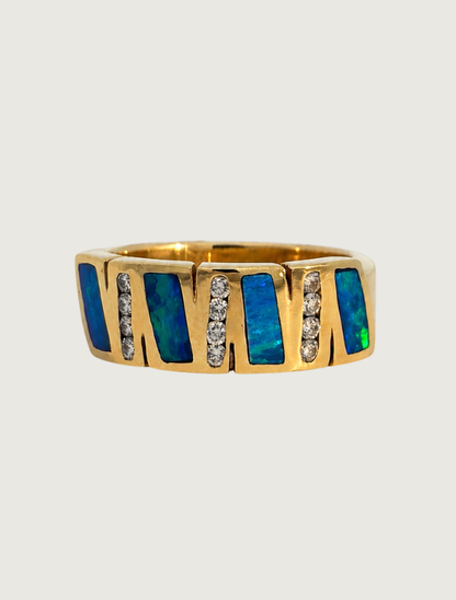 14K yellow gold opal and diamond channel ring, front view