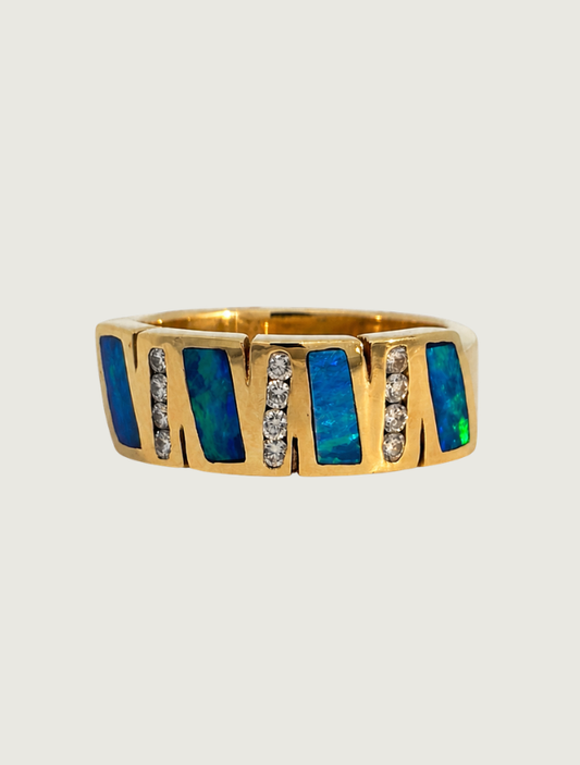 14K yellow gold opal and diamond channel ring, front view