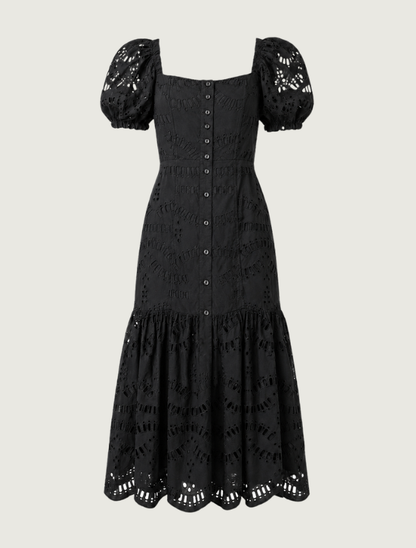Raisonnel Black Eyelet Puff-Sleeve Midi Dress