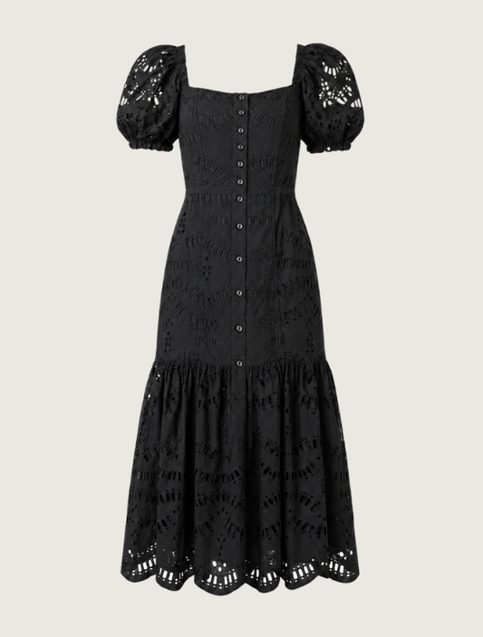 Raisonnel Black Eyelet Puff-Sleeve Midi Dress