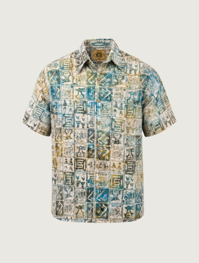 Scully Men's Batik Short Sleeve Shirt in Tan & Sage