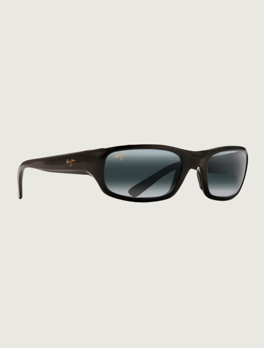 Maui Jim Stingray wrap sunglasses in Gloss Black / Neutral Grey — quarter view