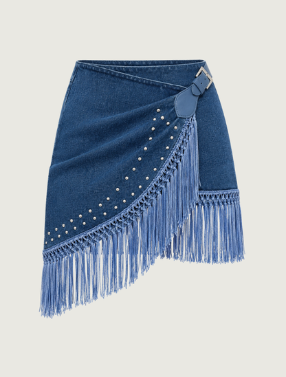 Mavericks Fringe Wrap Denim Mini Skirt in Medium Wash