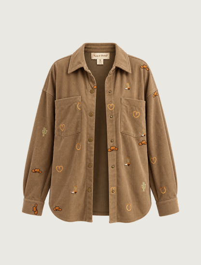 Hem & Thread Dusty Olive Embroidered Corduroy Shacket