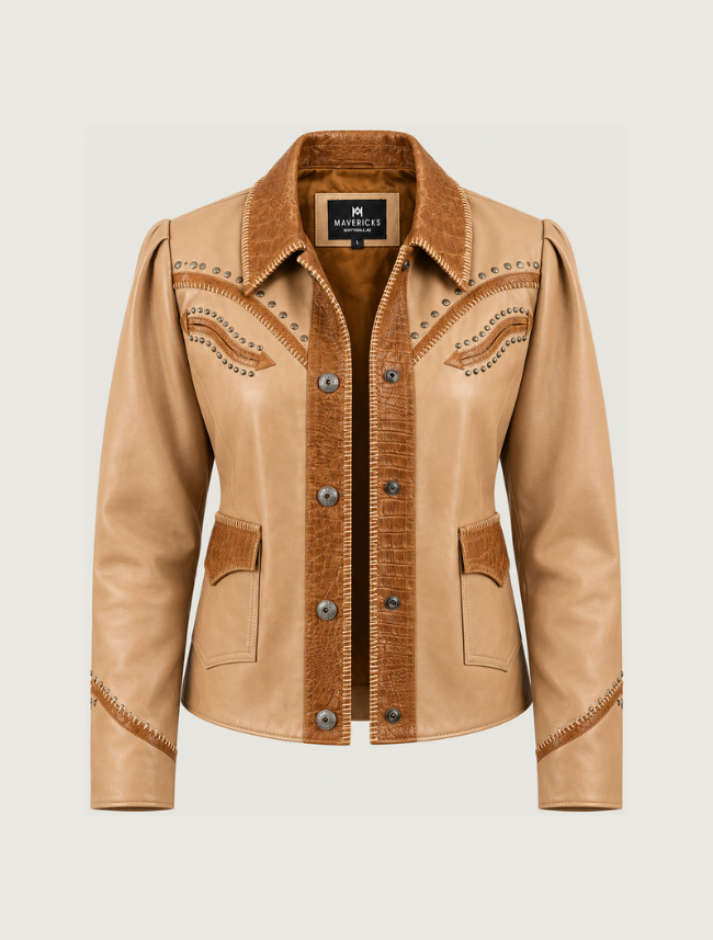 Mavericks Honey Studded Croc-Embossed Trim Leather Jacket