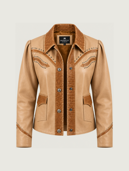 Mavericks Honey Studded Croc-Embossed Trim Leather Jacket