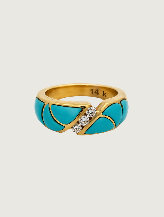 14K Yellow Gold Sleeping Beauty Turquoise & Diamond Ring