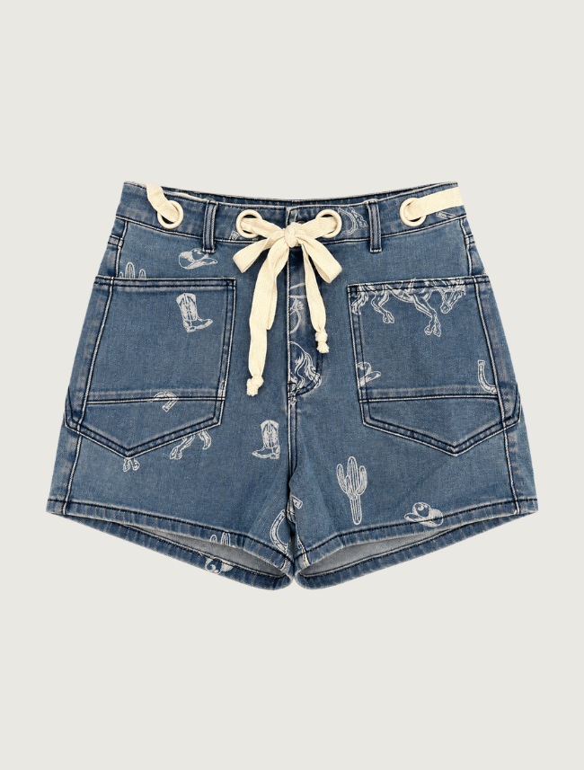 Mavericks Western Print Denim Shorts in Medium Wash