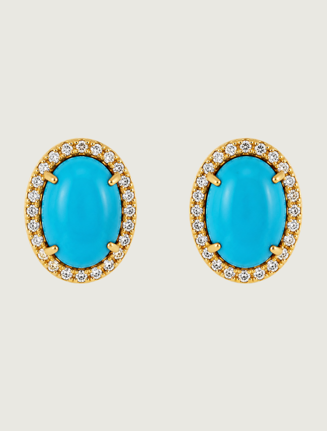 14K Yellow Gold Turquoise & Diamond Halo Studs