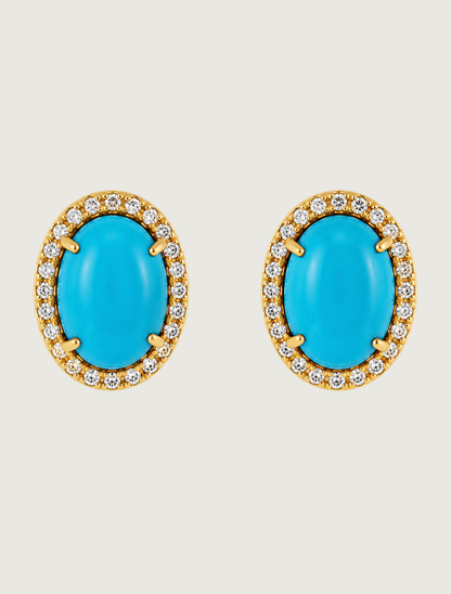 14K Yellow Gold Turquoise & Diamond Halo Studs