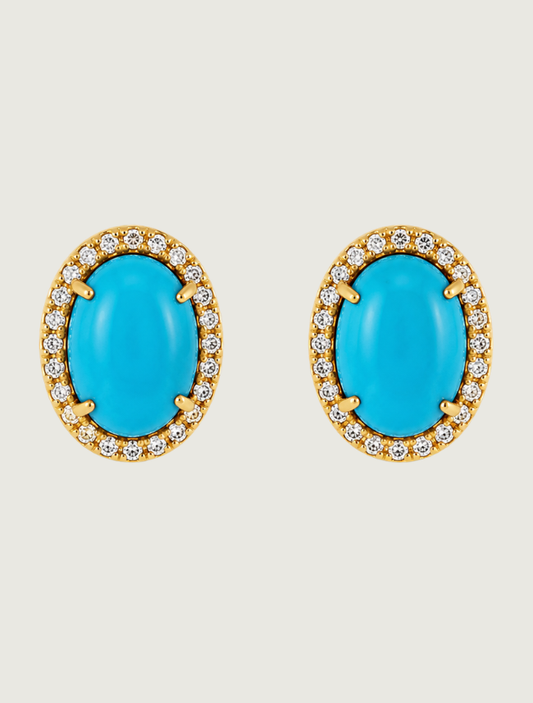 14K Yellow Gold Turquoise & Diamond Halo Studs