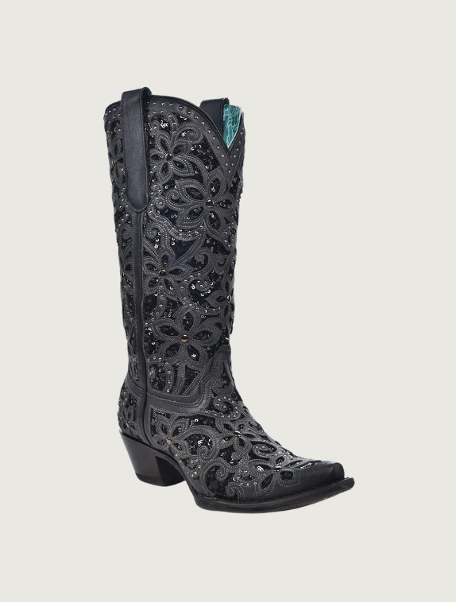 Corral Black Glitter Floral Inlay Cowgirl Boots with Crystals & Studs