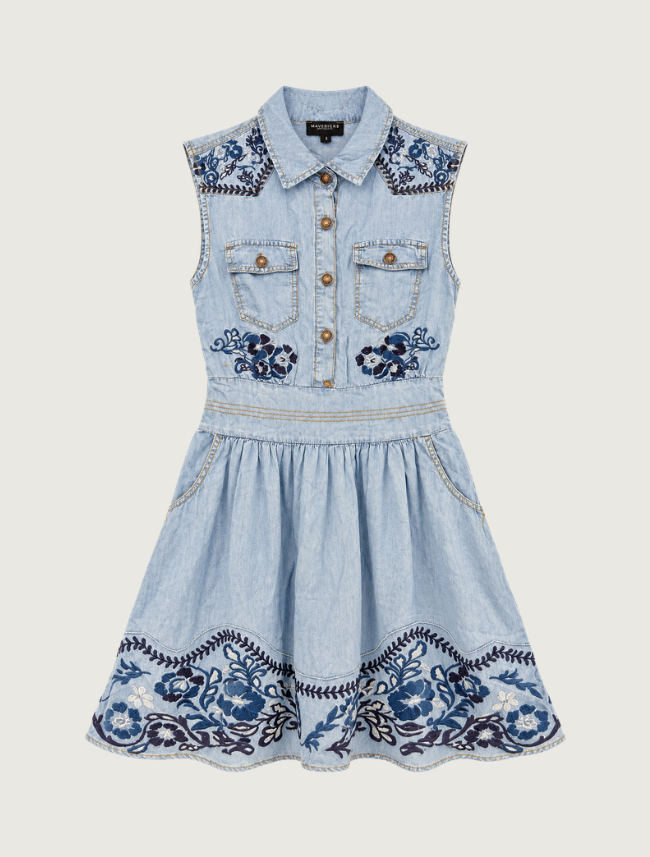 Mavericks Embroidered Denim Mini Dress in Medium Wash
