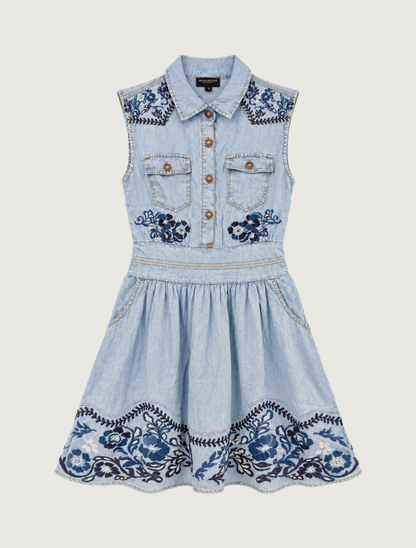 Mavericks Embroidered Denim Mini Dress in Medium Wash