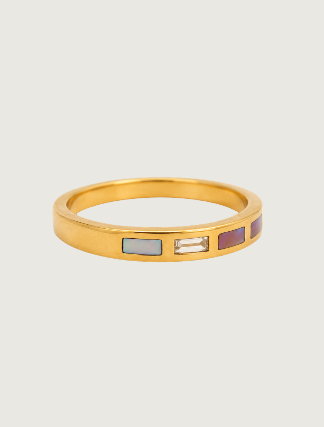 14K rose gold mother of pearl and diamond ring, side angle view