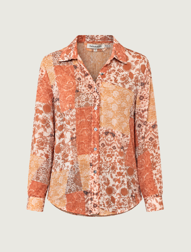 Paparazzi Vintage Patchwork Print Button-Up Shirt in Terracotta