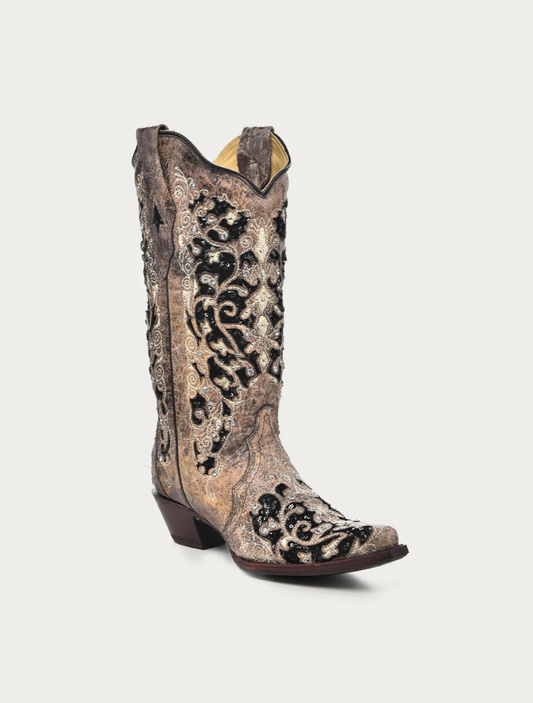 Corral Women's Brown Cowboy Boots with Black Glitter Inlay & Crystals