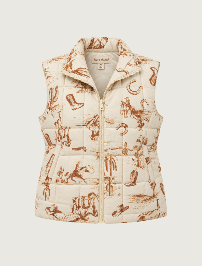 Hem & Thread Cream Cowboy Print Puffer Vest