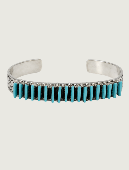 Front view of R.L. Lastyano sterling silver Sleeping Beauty turquoise needlepoint cuff