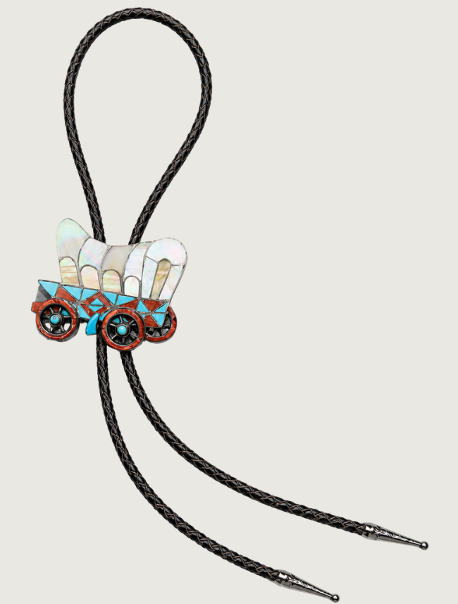 H.L. Zunie Sterling Silver Covered Wagon Bolo Tie with Multi-Stone Inlay