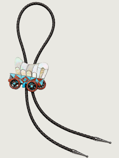 H.L. Zunie Sterling Silver Covered Wagon Bolo Tie with Multi-Stone Inlay