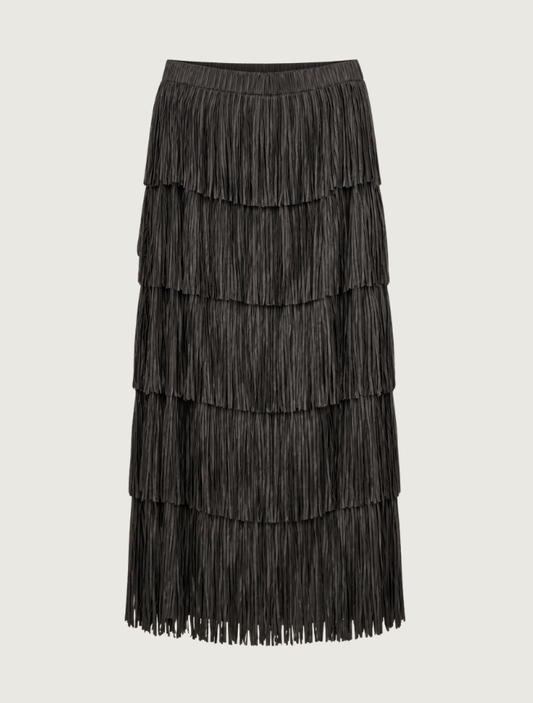 Look Mode Black Tiered Fringe Maxi Skirt