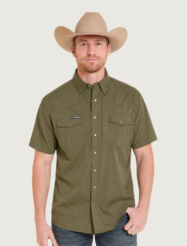 Man wearing olive Rock & Roll Denim Nylon TEK short sleeve shirt, front view
