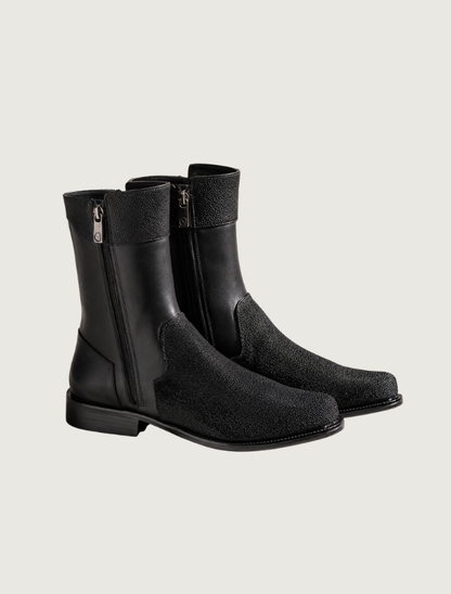 Cuadra black stingray zipper dress boots — quarter view, pair