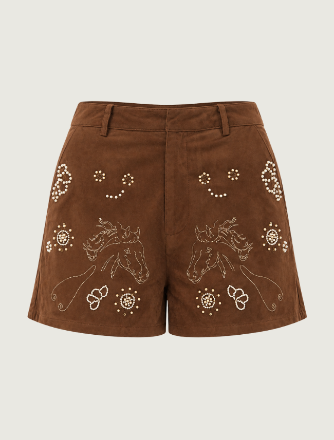 Mavericks Horse Embroidered Shorts in Brown