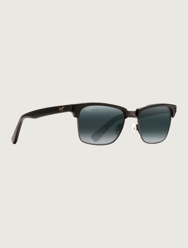 Maui Jim Kawika classic sunglasses in Black Gloss with Antique Pewter / Neutral Grey — quarter view