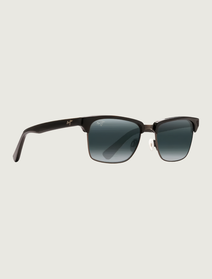Maui Jim Kawika classic sunglasses in Black Gloss with Antique Pewter / Neutral Grey — quarter view