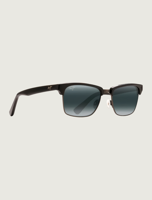 Maui Jim Kawika classic sunglasses in Black Gloss with Antique Pewter / Neutral Grey — quarter view