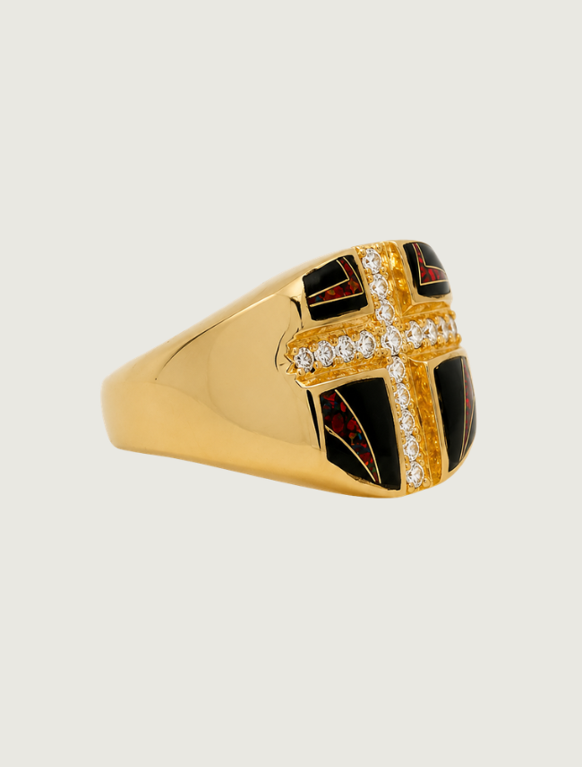 14K Yellow Gold Diamond, Black Jade, & Red Opal Ring