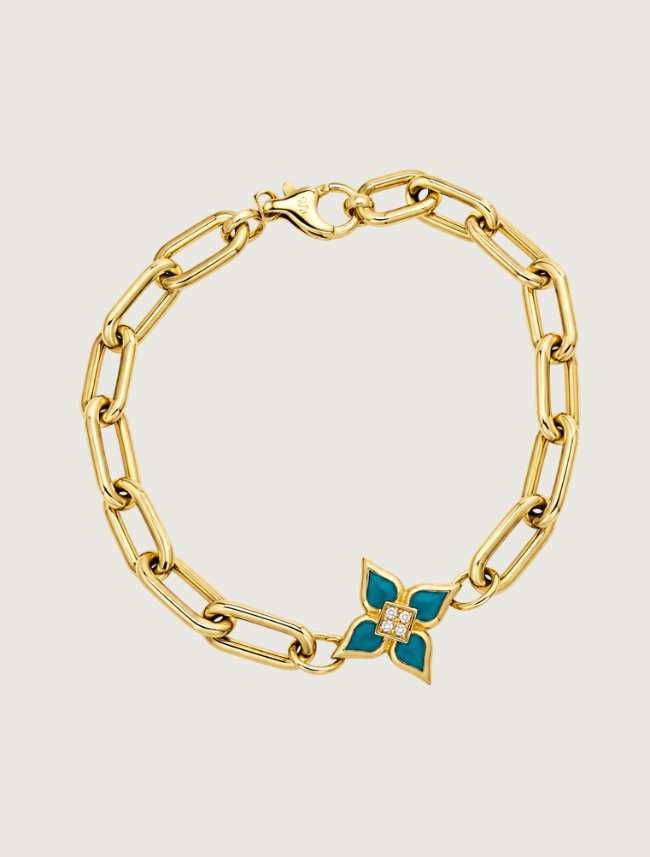18K Yellow Gold Blue Enamel & Diamond Bracelet