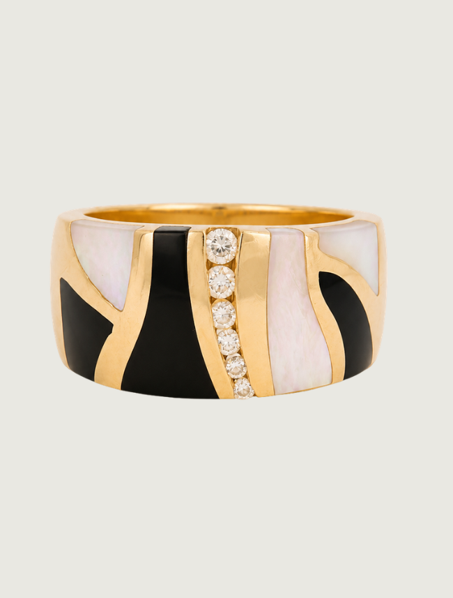 14K Yellow Gold Diamond, Black Jade, & Mother of Pearl Ring