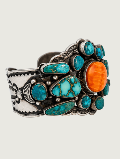 Aaron Toadlena Sterling Silver Spiny Oyster Shell & Turquoise Cuff Bracelet