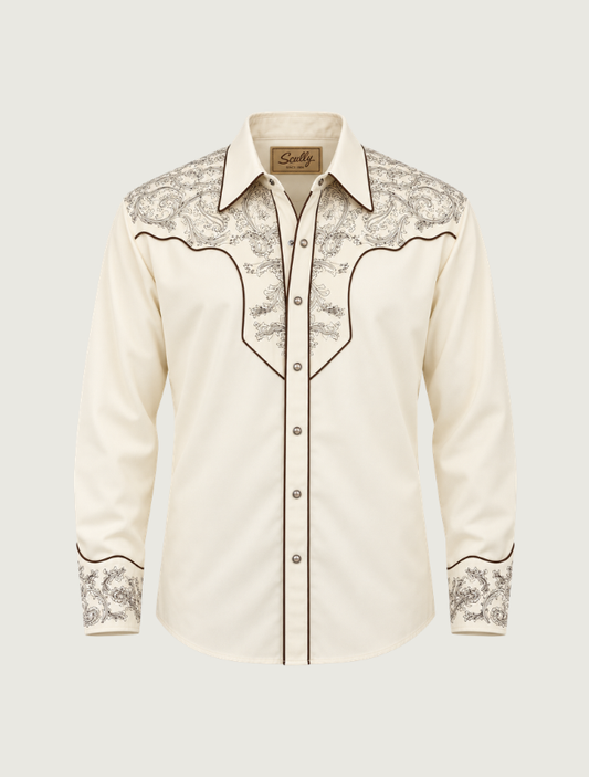 Scully Men's Cream Scroll Embroidered Western Shirt
