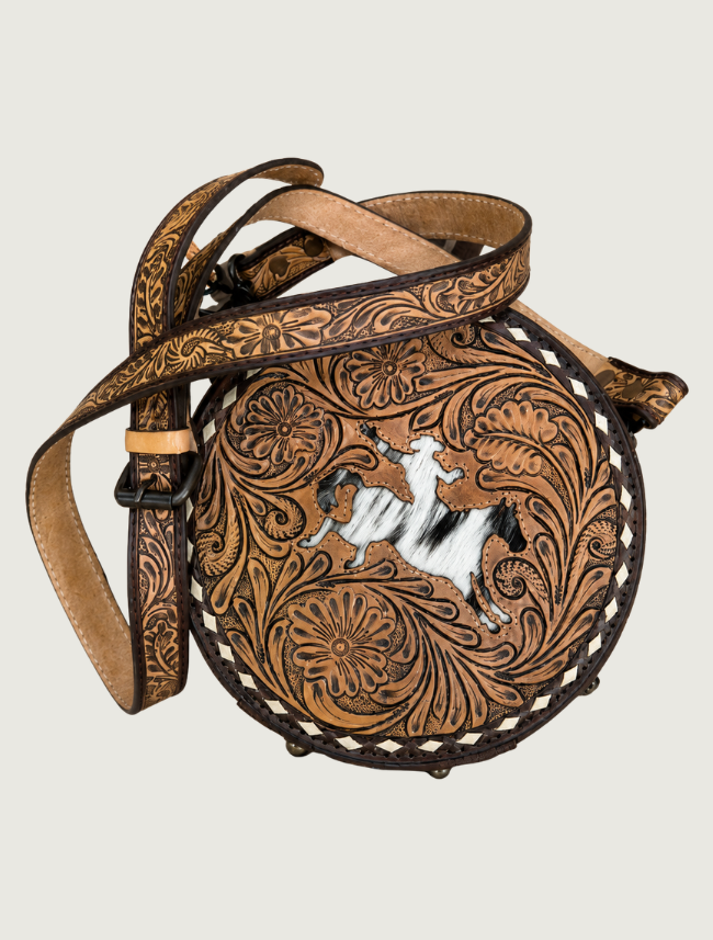 Mavericks Tooled Leather Round Crossbody with Bucking Bronco Cowhide Inlay