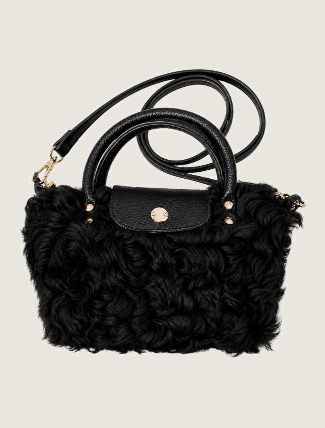 Mavericks Curly Tibetan Fur Handle Bag with Leather Trim