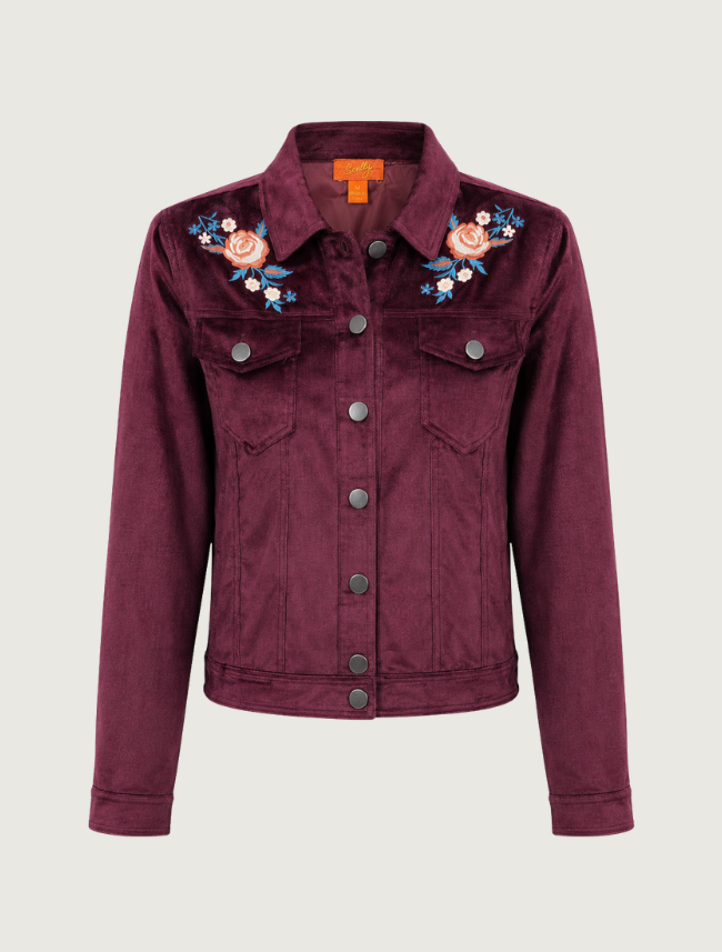 Scully Women's Burgundy Velvet Floral Embroidered Jacket