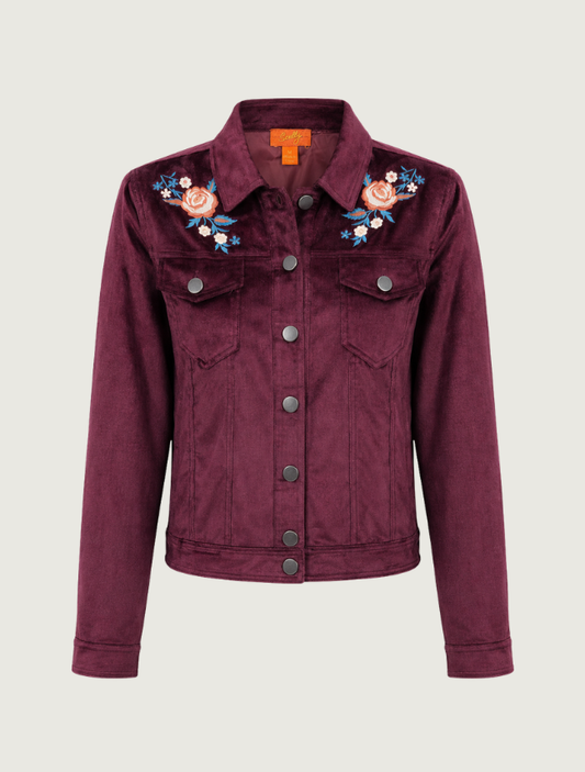 Scully Women's Burgundy Velvet Floral Embroidered Jacket