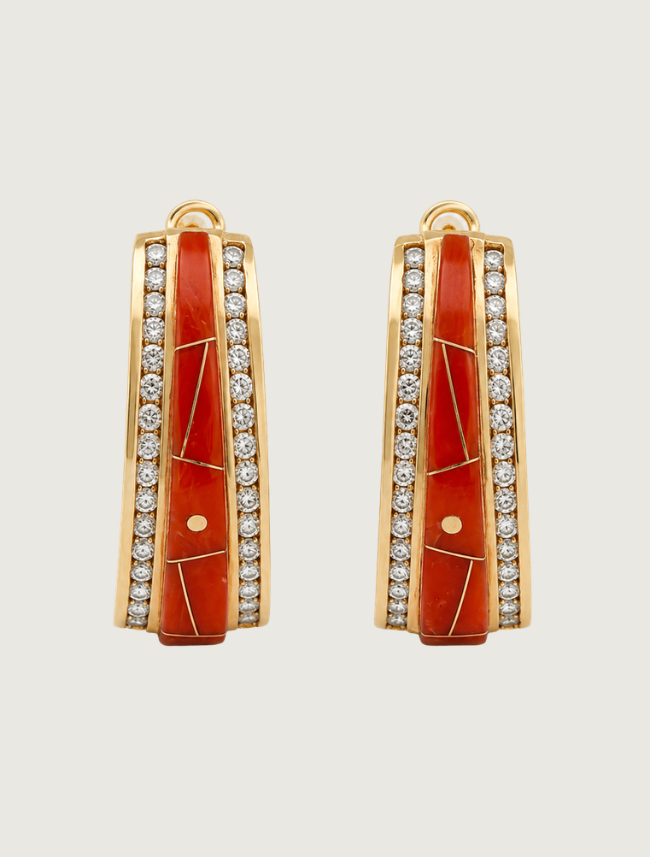 14K Yellow Gold Red Coral & Diamond Earrings