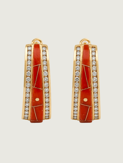 14K Yellow Gold Red Coral & Diamond Earrings