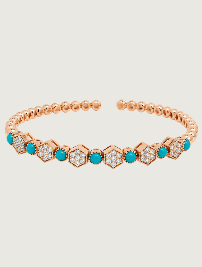 18K Rose Gold Sleeping Beauty Turquoise & Diamond Honeycomb Cuff Bracelet