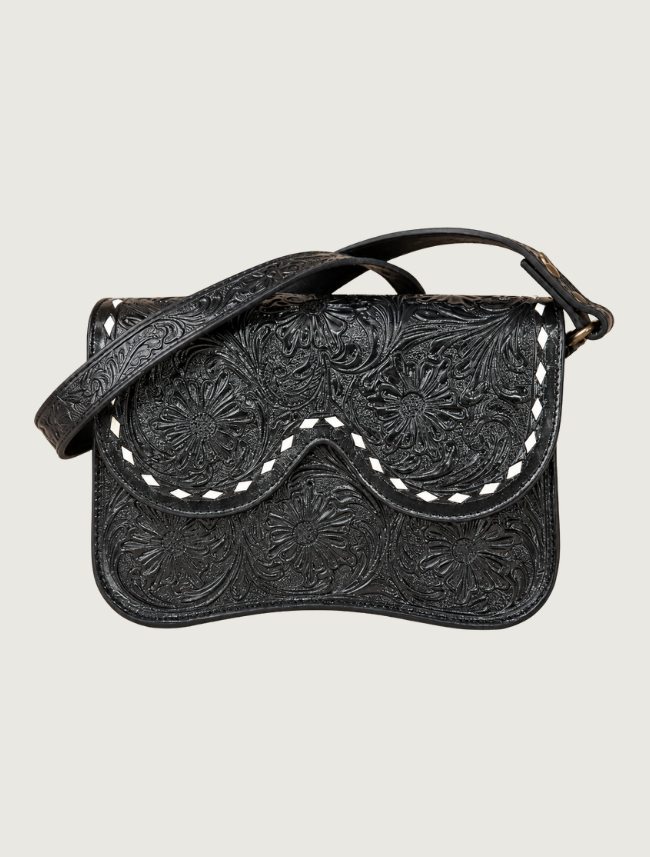Mavericks Black Tooled Leather Saddle Bag