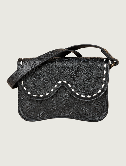 Mavericks Black Tooled Leather Saddle Bag