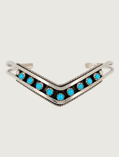Front view of sterling silver Sleeping Beauty turquoise chevron cuff bracelet