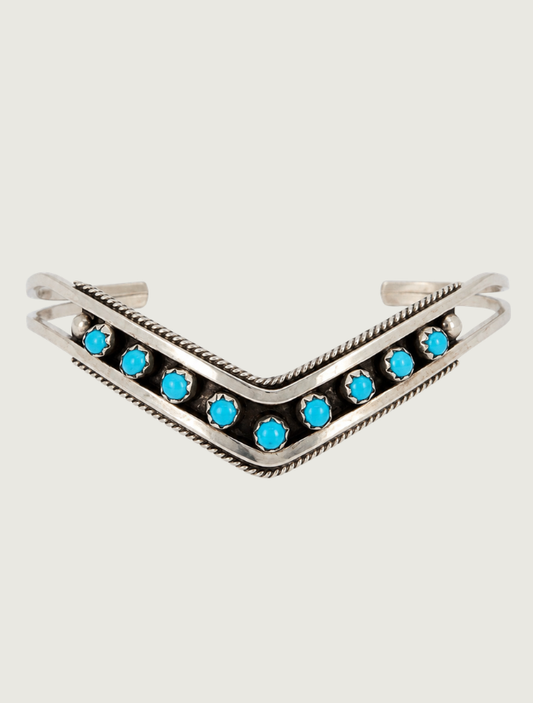 Front view of sterling silver Sleeping Beauty turquoise chevron cuff bracelet